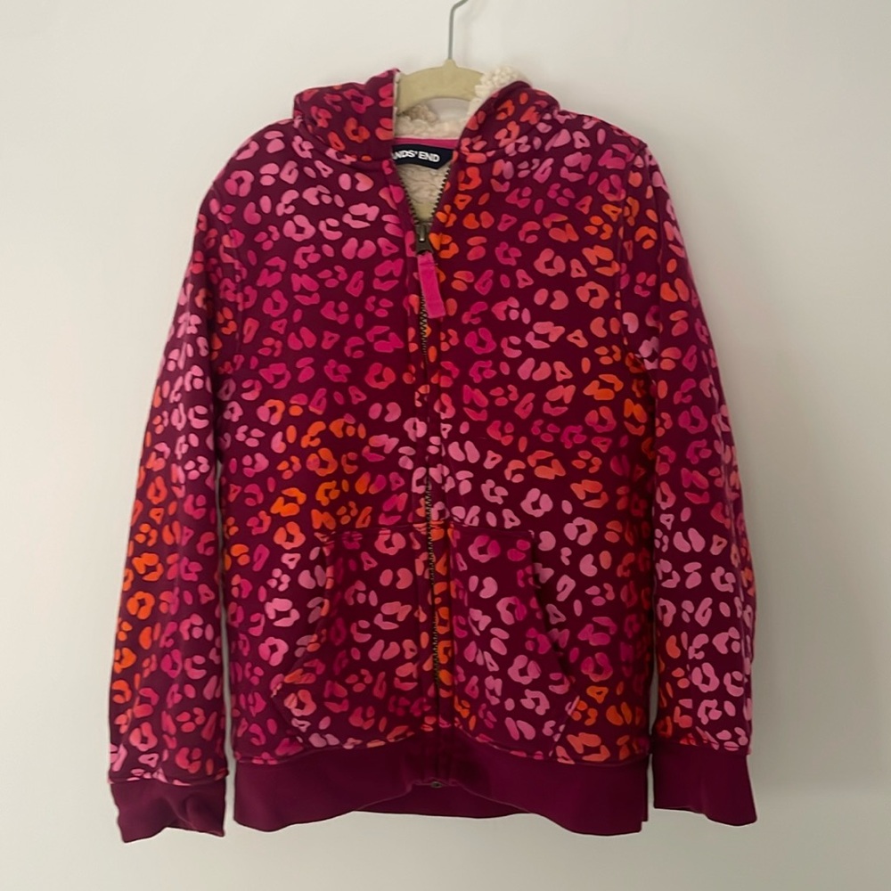 Lands End leopard print pink kids hoodie jacket SO warm thick fleece lined 5-6 y